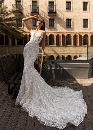 Straight Neck Ivory Lace Corset Back Shimmering Wedding Dress